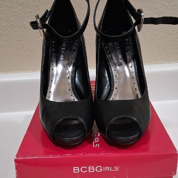 BCBGirls Black Peep Toe Heels with Ankle Strap - Picture 1 of 17